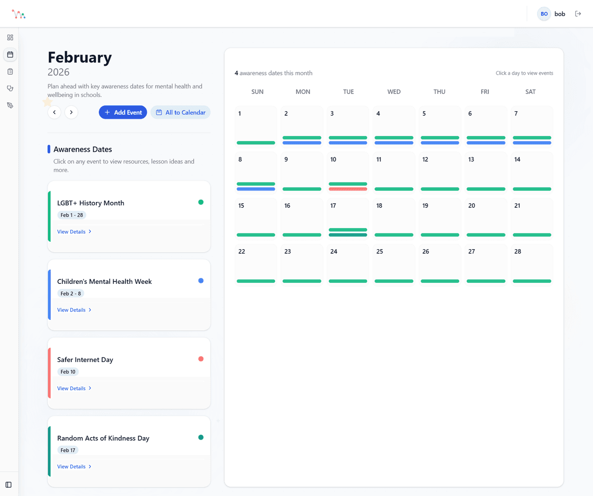 Wellbeing Calendar showing LGBT+ History Month and Children's Mental Health Week